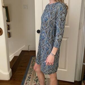 J Jill Wearever Paisley Print, Knee Length Dress; Stretch; Teal Blue; XSP; EUC